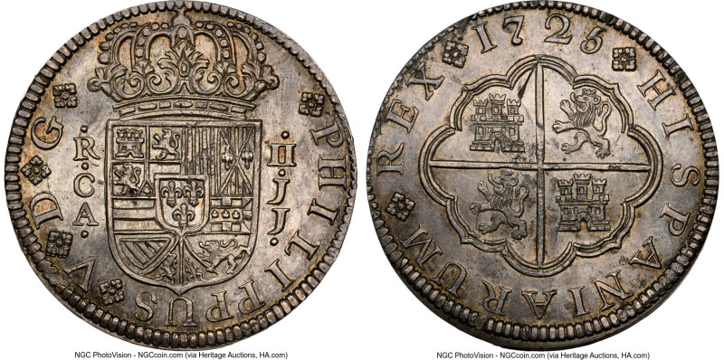 Philip V 2 Reales 1725 CA-JJ MS62 NGC, Cuenca mint,, KM308, Cal-1164. HID0980124...