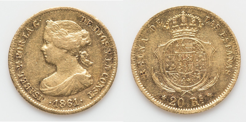 Isabel II gold 20 Reales 1861 XF, Madrid mint (six pointed star), KM610. 15.3mm....