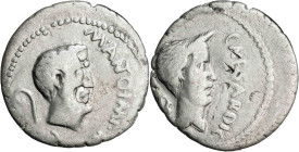 (43 a.C.). Marco Antonio y Julio César. Denario. (Spink 1465 var) (S. 3a, Julio César y Marco Antonio) (Craw. 488/2). Contramarcas en ambas caras. Rar...