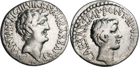 (41 a.C.). Marco Antonio y Octavio. Denario. (Spink 1504) (S. 8) (Craw. 517/2) Muy escasa. 3,55 g. MBC.