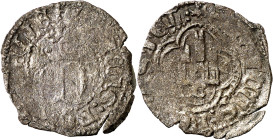Enrique II (1368-1379). Burgos. Medio real de vellón de anagrama. (AB. 428 var) (Imperatrix E2:3.7). Acuñación descuidada. Escasa. 1,12 g. BC/BC+.