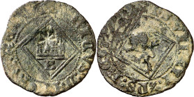 Enrique IV (1454-1474). Burgos. Blanca de rombo. (Imperatrix CM:D.15.1, mismo ejemplar). Contramarca: aspa incusa de siete puntas. Escasa. 1,15 g. BC+...