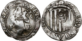 s/d. Felipe III. Perpinyà. 1 sou. (AC. 50) (Cru.C.G. 3807a). Contramarca: cabeza de San Juan, realizada en 1603. Rara. 1,40 g. MBC-.