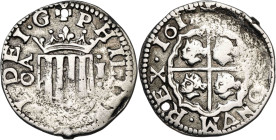 1611. Felipe III. Zaragoza. 1 real. (AC. 575) (Cru.C.G. 4405). Perforación. Escasa. 3,15 g. MBC-.