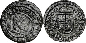 1664. Felipe IV. M (Madrid). S. 8 maravedís. (AC. 372). Pátina oscura. 2 g. MBC.