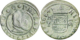 1664. Felipe IV. M (Madrid). Y. 16 maravedís. (AC. 481). Pátina verde. 3,86 g. MBC/MBC+.
