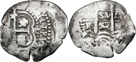 1657. Felipe IV. Potosí. E. 1 real. (AC. 759). Doble ensayador. ...HILIPVS visible. (PLV)-S. VLL entre las columnas. 2,85 g. BC+.