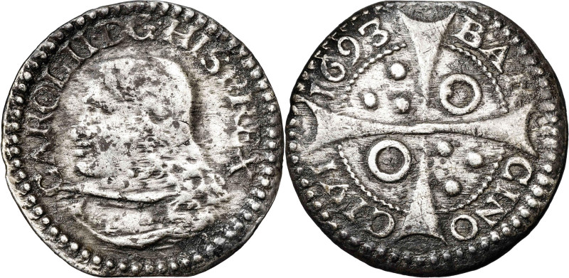 1693. Carlos II. Barcelona. 1 croat. (AC. 211). Manchitas. 2,30 g. MBC-/MBC.