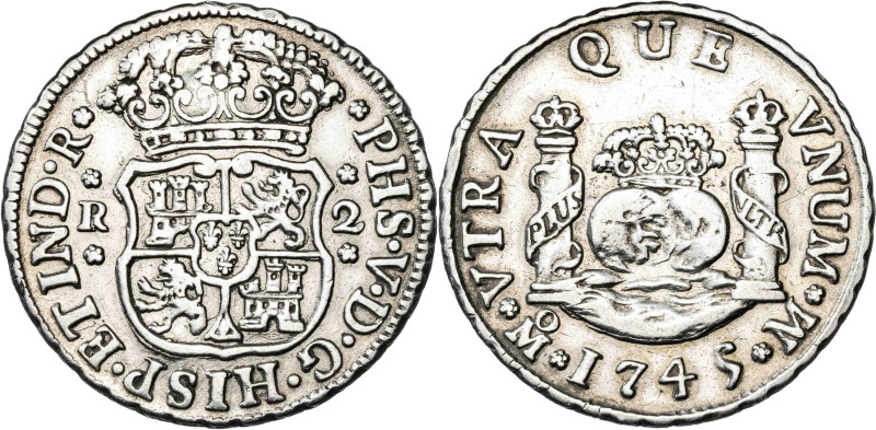 1745. Felipe V. México. M. 2 reales. (AC. 833). Columnario. Limpiada. 6,59 g. MB...