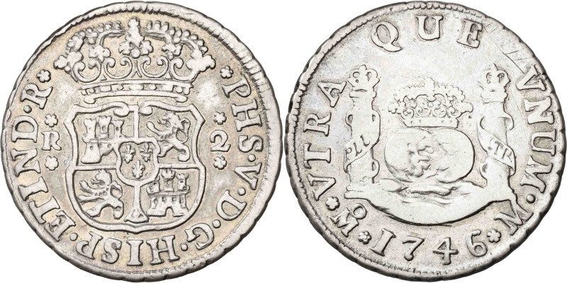 1746. Felipe V. México. M. 2 reales. (AC. 836). Columnario. 6,53 g. MBC-/BC+.