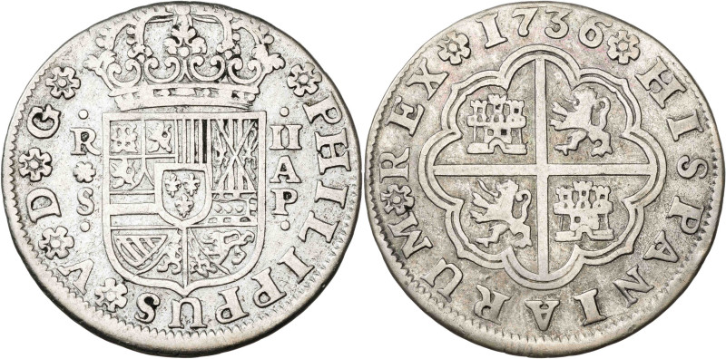 1736. Felipe V. Sevilla. AP. 2 reales. (AC. 995). 5,78 g. MBC-/BC+.