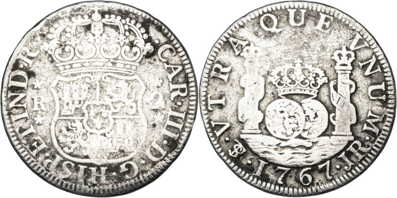 1767. Carlos III. Potosí. 2 reales. (AC. 706). Columnario. Escasa. 6,28 g. RC/BC...