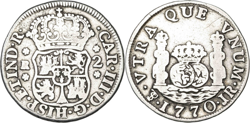 1770. Carlos III. Potosí. JR. 2 reales. (AC. 711). Columnario. Escasa. 6,14 g. B...