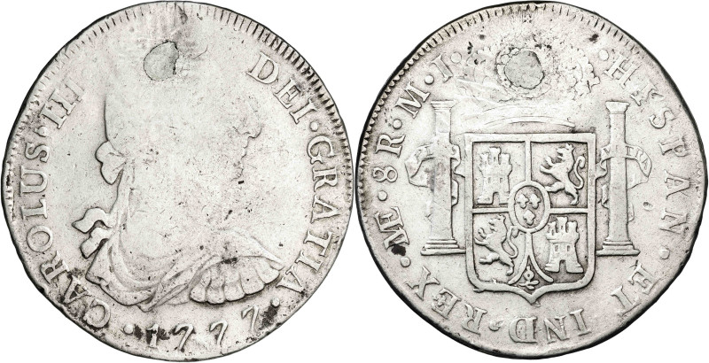 1777. Carlos III. Lima. MJ. 8 reales. (AC. 1043). Perforación reparada. 26,68 g....