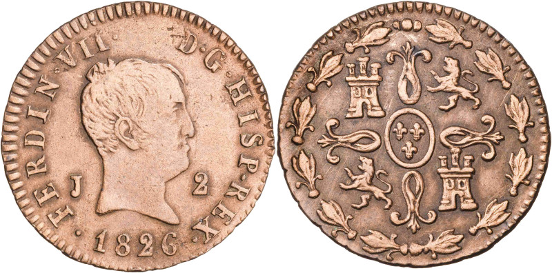 1826. Fernando VII. Jubia. 2 maravedís. (AC. 137). Tipo "cabezón". Limpiada. 2,4...