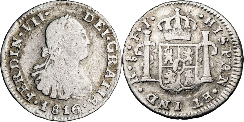 1816. Fernando VII. Santiago. FJ. 1/2 real. (AC. 461). Escasa. 1,57 g. BC+/MBC-.