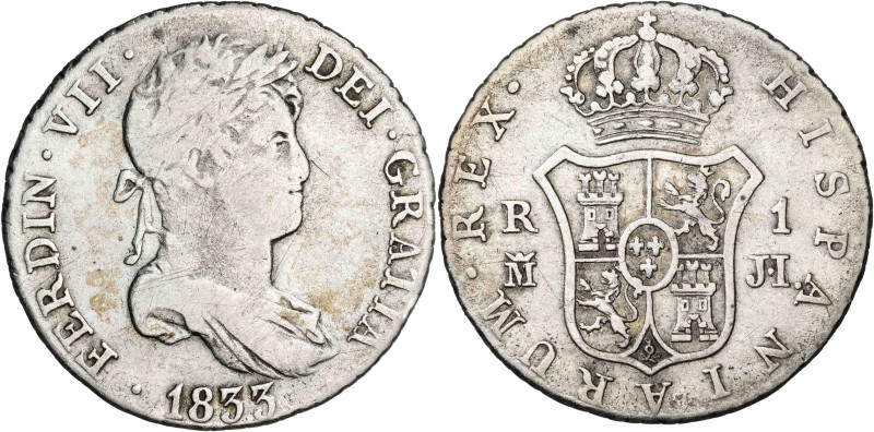 1833. Fernando VII. Madrid. JI. 1 real. (AC. 597). 2,94 g. BC+/MBC-.