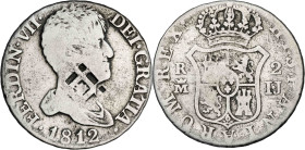 1812. Fernando VII. Madrid. IJ. 2 reales. Resello de Vique (Cuba) (De Mey 481). Escasa. 5,63 g. BC+.