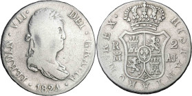 1824. Fernando VII. Madrid. AJ. 2 reales. (AC. 840). 5,82 g. BC+/MBC-.