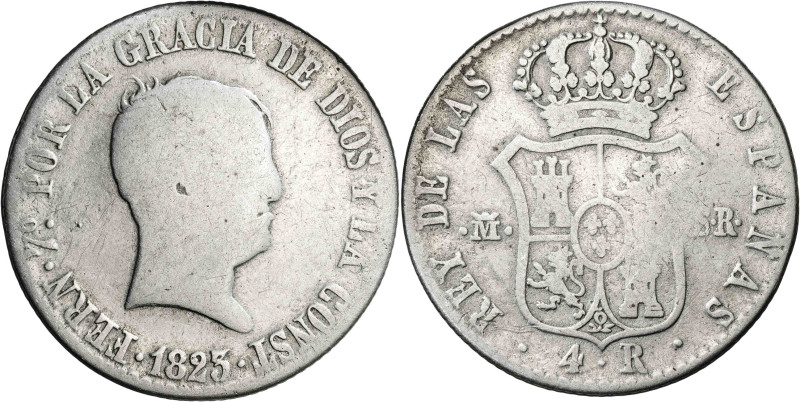 1823. Fernando VII. Madrid. SR. 4 reales. (AC. 852). Tipo "cabezón". Escasa. 5,6...