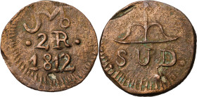 1812. Fernando VII. Morelos. 2 reales. (AC. 884). Acuñada por los insurgentes. Cospel delgado. Limpiada. CU. 5,52 g. (MBC).