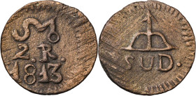 1813. Fernando VII. Morelos. 2 reales. (AC. 885). Acuñada por los insurgentes. Limpiada. CU. 6,57 g. (MBC).