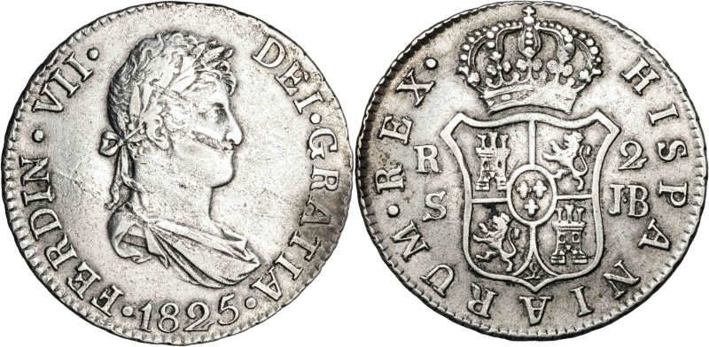 1825. Fernando VII. Sevilla. JB. 2 reales. (AC. 957). 6,06 g. MBC-/MBC.