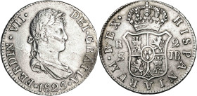 1825. Fernando VII. Sevilla. JB. 2 reales. (AC. 957). 6,06 g. MBC-/MBC.