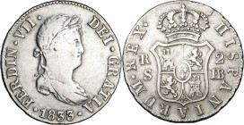 1833. Fernando VII. Sevilla. JB. 2 reales. (AC. 967). 6,03 g. BC+/MBC-.