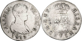 1812. Fernando VII. Valencia. GS. 2 reales. (AC. 992). Acuñación floja. 5,84 g. BC+/MBC-.