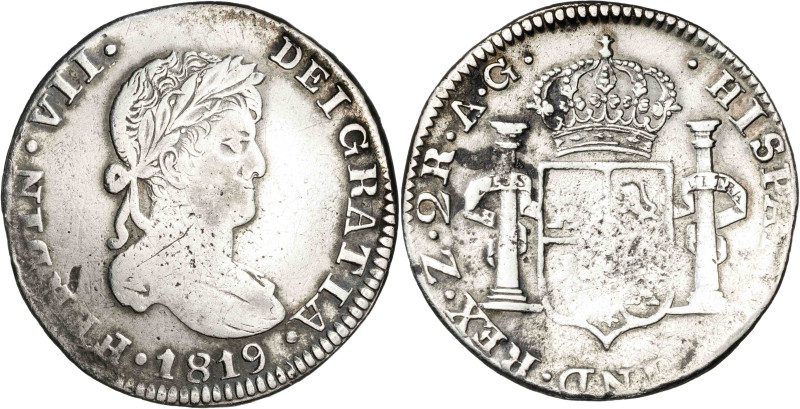 1819. Fernando VII. Zacatecas. AG. 2 reales. (AC. 1009). Corona de laurel grande...