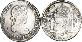 1819. Fernando VII. Zacatecas. AG. 2 reales. (AC. 1009). Corona de laurel grande. Rara variante. 5,75 g. BC+.