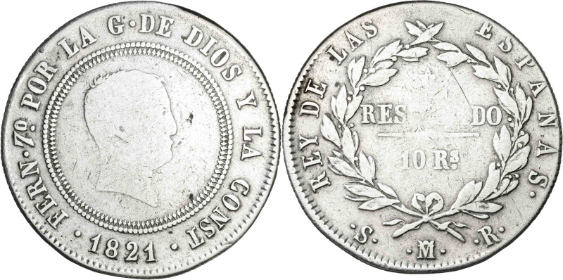 1821. Fernando VII. Madrid. SR. 10 reales. (AC. 1088). Tipo "cabezón". 13 g. BC....