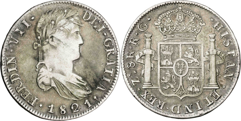 1821. Fernando VII. Zacatecas. RG. 8 reales. (AC. 1465). Pátina. 26,60 g. MBC-.
