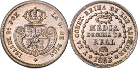 1853. Isabel II. Segovia. 1/2 décima de real. (AC. 140). Bella. Restos de brillo original. 1,78 g. EBC.