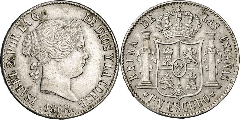 1868. Isabel II. Madrid. 1 escudo. (Barrera 834). Falsa de época en ¿plata?. Atr...