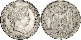 1868. Isabel II. Madrid. 1 escudo. (Barrera 834). Falsa de época en ¿plata?. Atractiva. 12,22 g. MBC+.