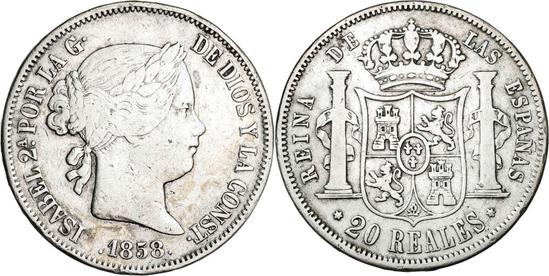 1858. Isabel II. Madrid. 20 reales. (AC. 615). 25,70 g. MBC-/MBC.