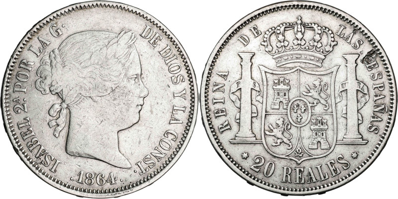 1864. Isabel II. Madrid. 20 reales. (AC. 622). 25,58 g. MBC-.