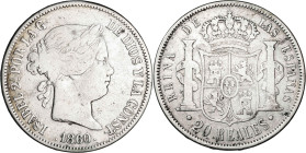 1860. Isabel II. Sevilla. 20 reales. (AC. 639). Escasa. 25,47 g. MBC-/MBC.