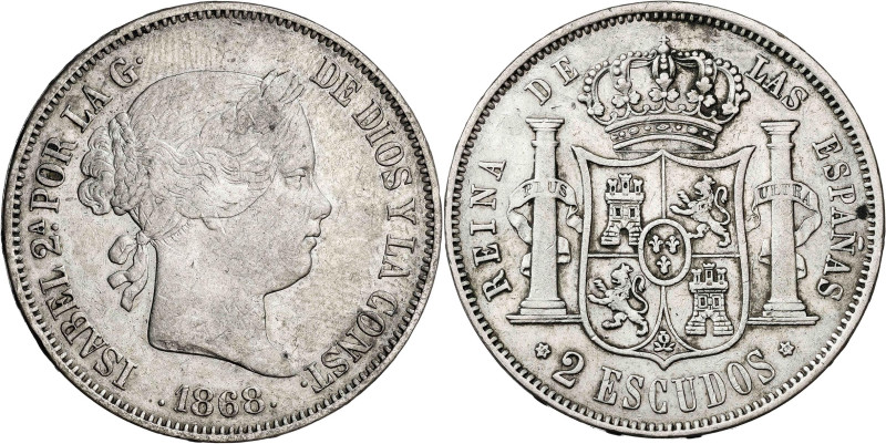 1868*1868. Isabel II. Madrid. 2 escudos. (AC. 648). 25,75 g. MBC-/MBC.