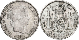 1868*1868. Isabel II. Madrid. 2 escudos. (AC. 648). 25,75 g. MBC-/MBC.