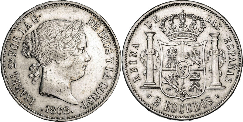 1868*1868. Isabel II. Madrid. 2 escudos. (AC. 648). Rayitas. 25,75 g. MBC-/MBC.