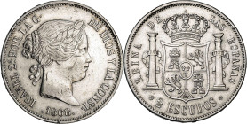 1868*1868. Isabel II. Madrid. 2 escudos. (AC. 648). Rayitas. 25,75 g. MBC-/MBC.