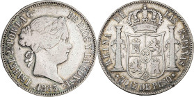 1865. Isabel II. Manila. 50 centavos. (AC. 662). 12,84 g. BC+/MBC-.
