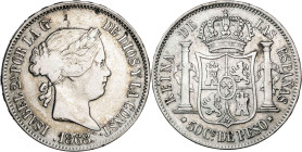 1868. Isabel II. Manila. 50 centavos. (AC. 667). 12,89 g. BC+/MBC-.