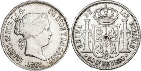 1868. Isabel II. Manila. 50 centavos. (AC. 667). 12,86 g. BC+/MBC-.