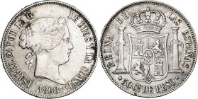1868. Isabel II. Manila. 50 centavos. (AC. 667). 12,91 g. MBC-/MBC.