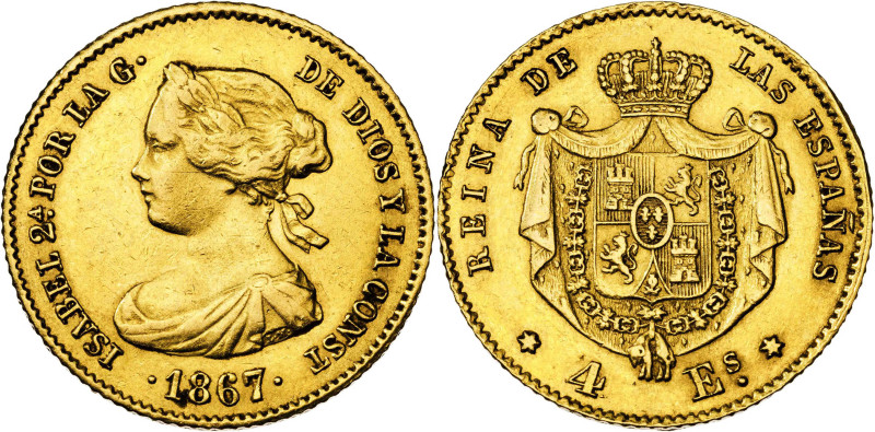 1867. Isabel II. Madrid. 4 escudos. (AC. 691). 3,34 g. MBC.