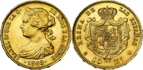 1868*1868. Isabel II. Madrid. 10 escudos. (AC. 815). 8,33 g. EBC-.